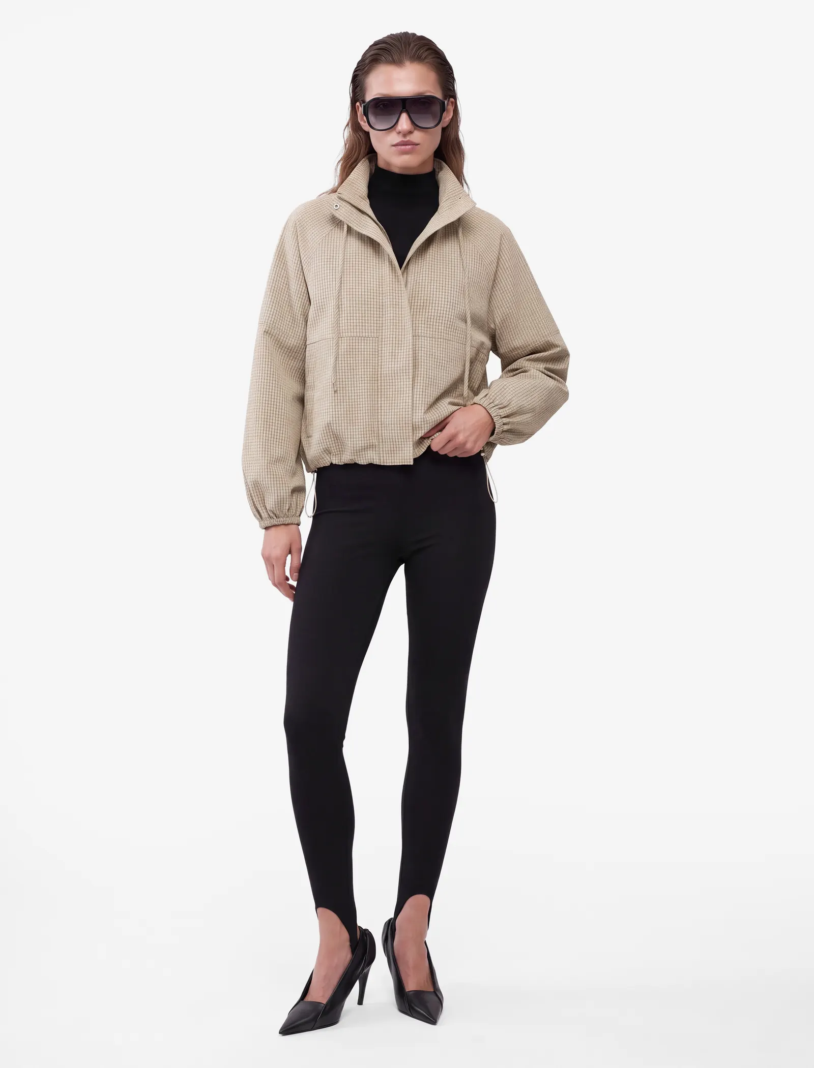 Uzun Kollu Fermuarlı Kareli Dik Yaka Oversize Gabardin Ceket