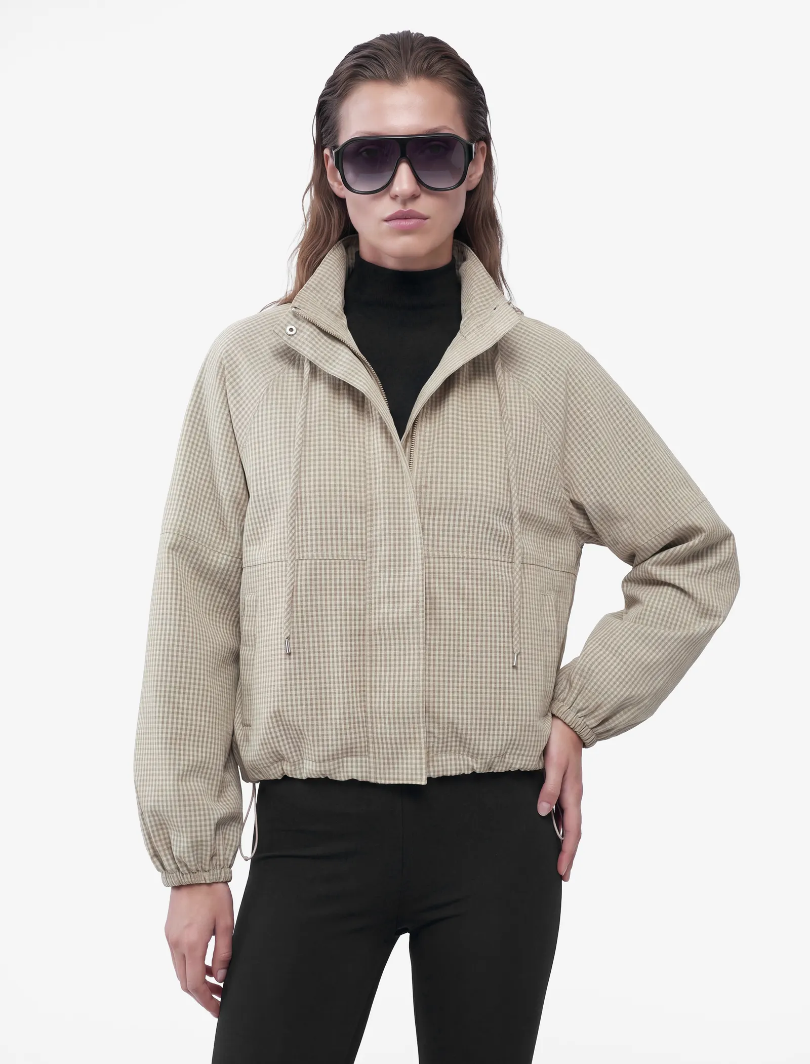 Uzun Kollu Fermuarlı Kareli Dik Yaka Oversize Gabardin Ceket