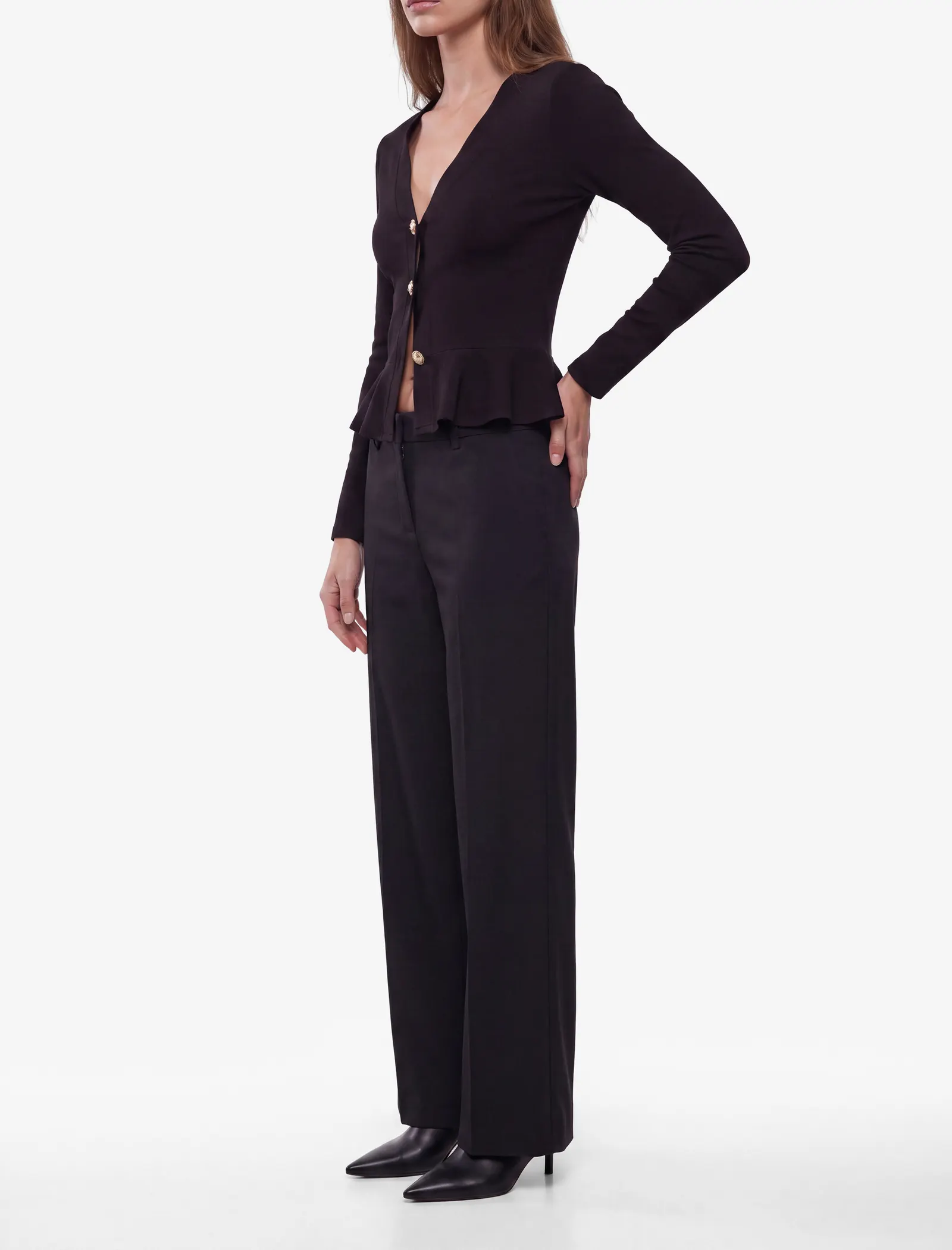 Slim Fit Mücevher Düğmeli V Yaka Uzun Kollu Peplum Hırka