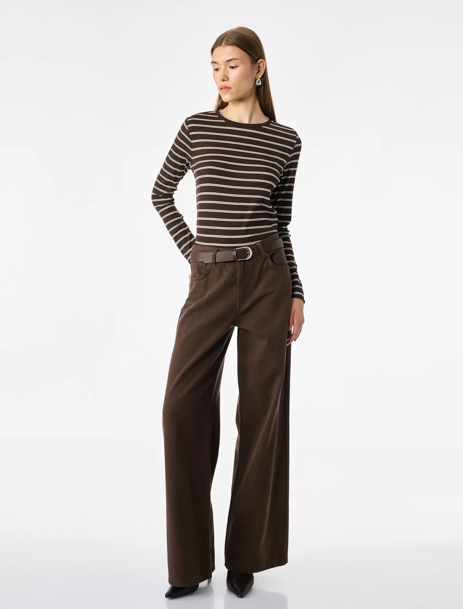 Slim Fit Bisiklet Yaka Uzun Kollu Çizgili Tişört