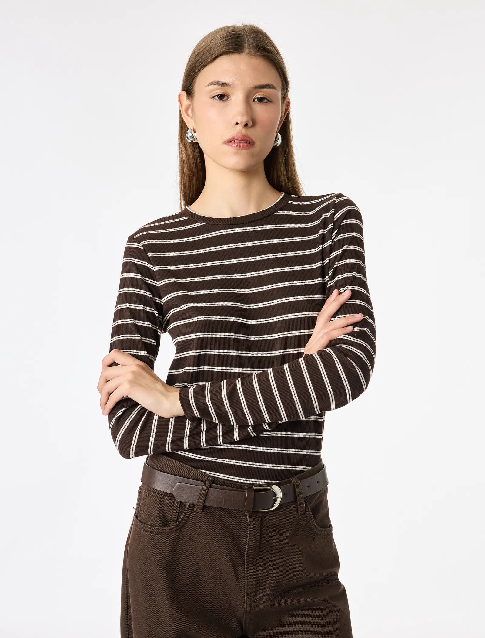 Slim Fit Bisiklet Yaka Uzun Kollu Çizgili Tişört