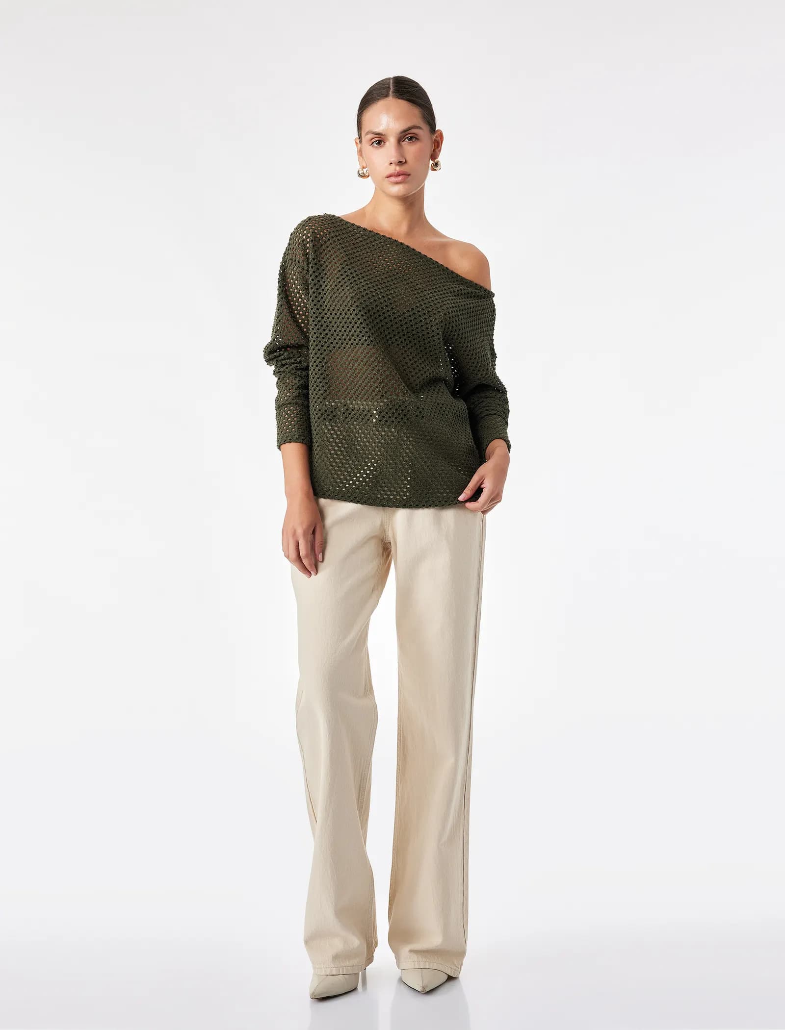 File Dokulu Uzun Kollu Kayık Yaka Oversize Bluz
