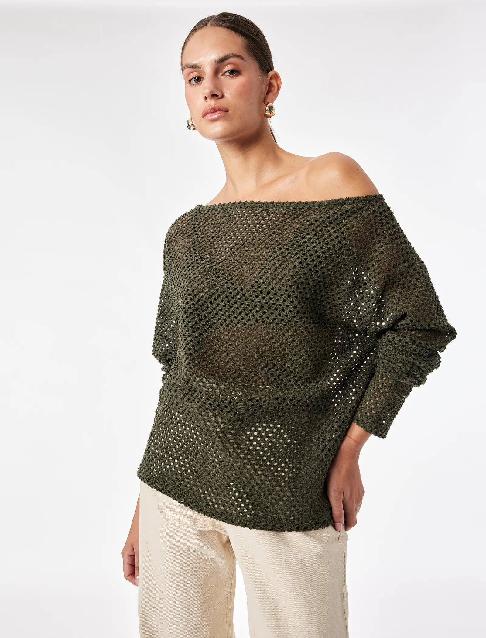 File Dokulu Uzun Kollu Kayık Yaka Oversize Bluz