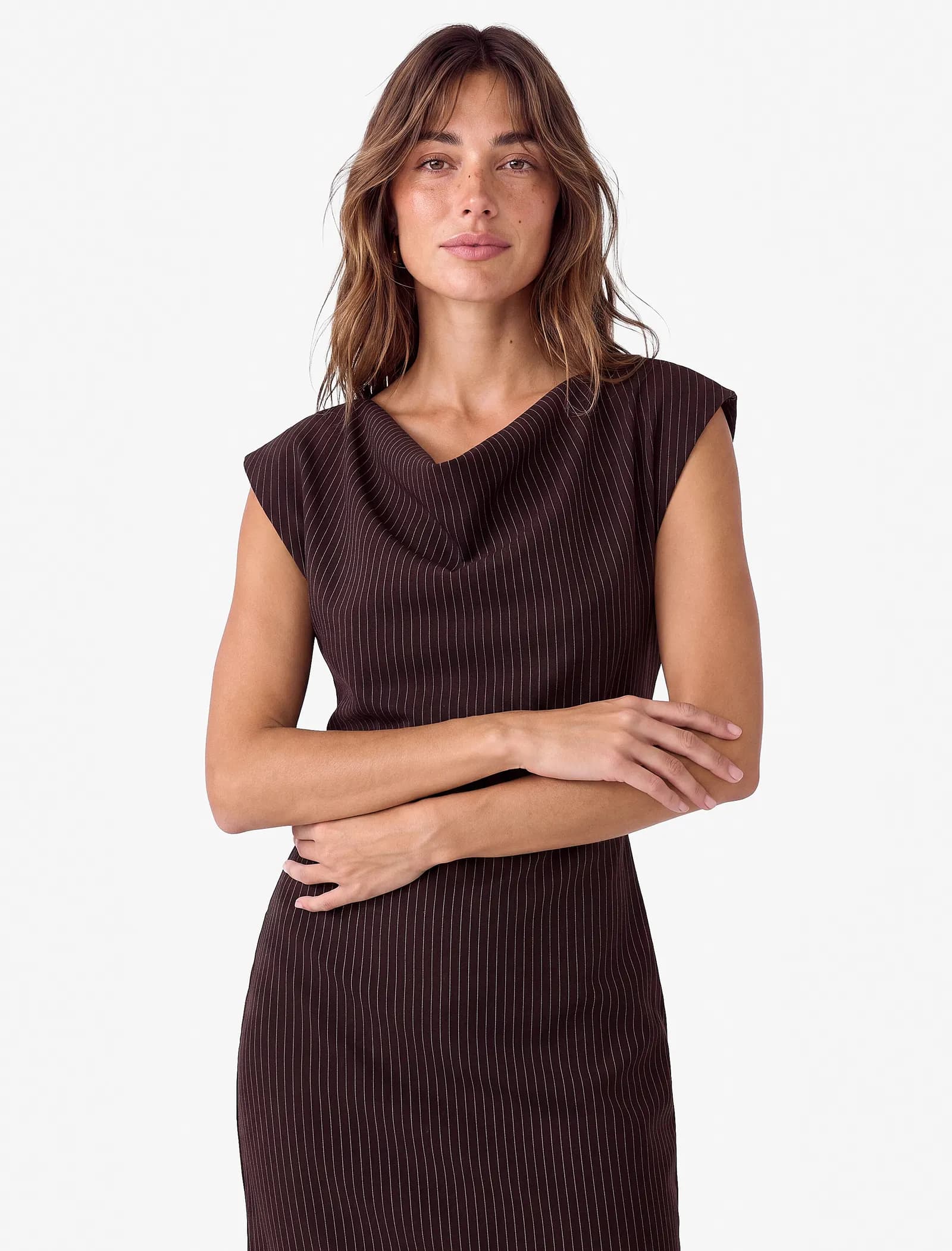 Kolsuz Balık Form Slim Fit Çizgili Asimetrik Degaje Yaka Kemerli Midi Elbise